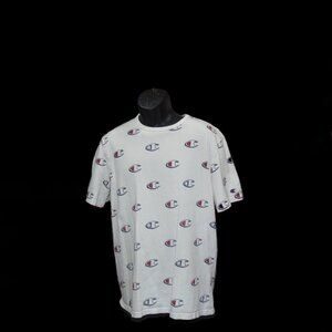 Champion All-Over Logo Print T-Shirt Short Sleeve Crewneck Pullover White Mens L